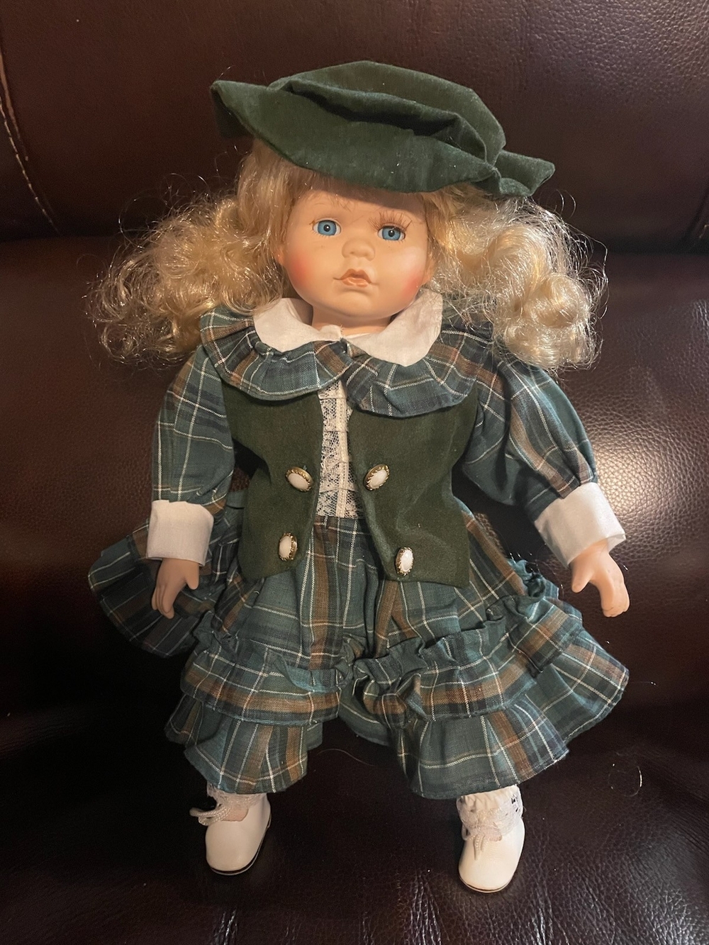 Porcelain Doll in Green Plaid Dress with Green Velvet Vest and Hat